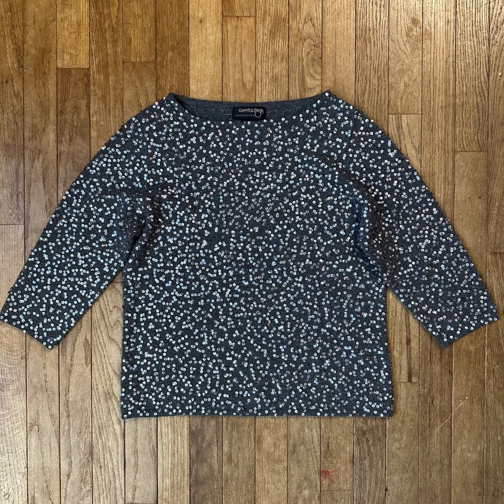 Cashmere Hand Beaded Sequin 3/4 Sleeve Sweater Top Women's‎ Size L Sparkle Glam